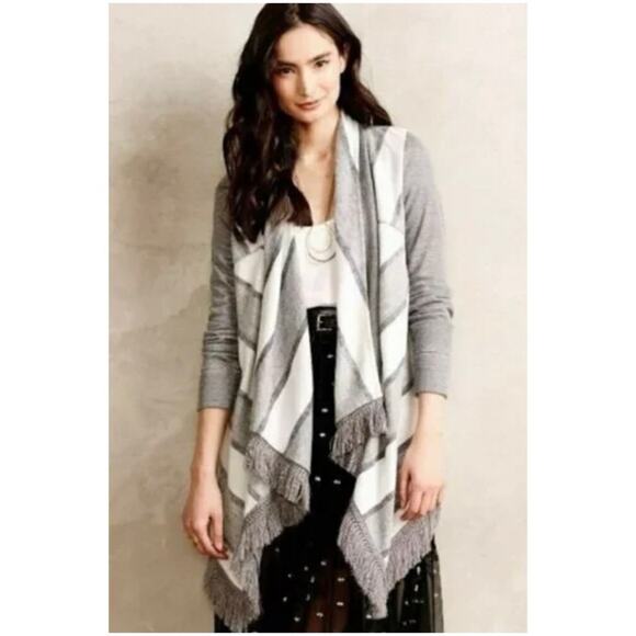 Anthropologie Saturday Sunday Sz L Gray White Stripe Fringe Cardigan Elsie Boho - Picture 1 of 12